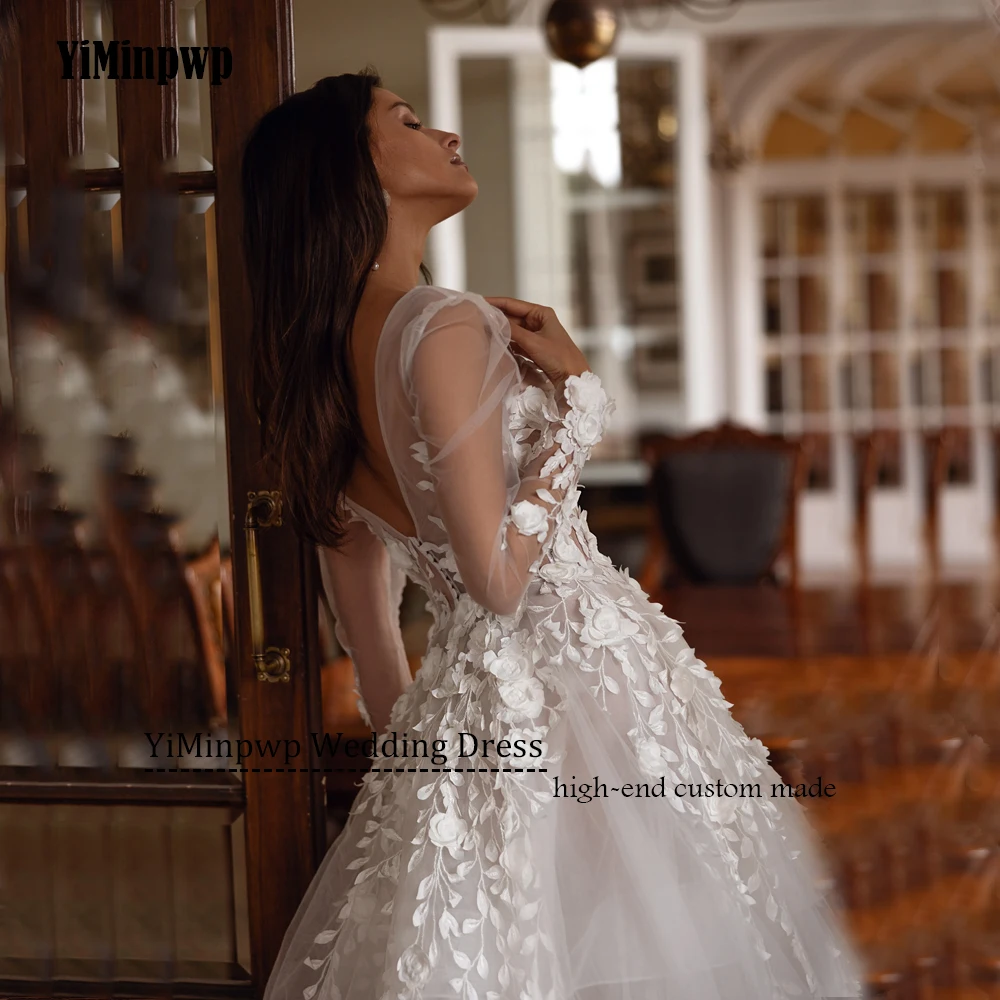 Gaun Pengantin Bunga Elegan Model A-Line Lengan Panjang Berbahan Lace dengan Sweep Train V-Neck untuk Wanita, Gaun Pengantin 2025 Vestidos De Noche Dapat Dipesan Sesuai Keinginan