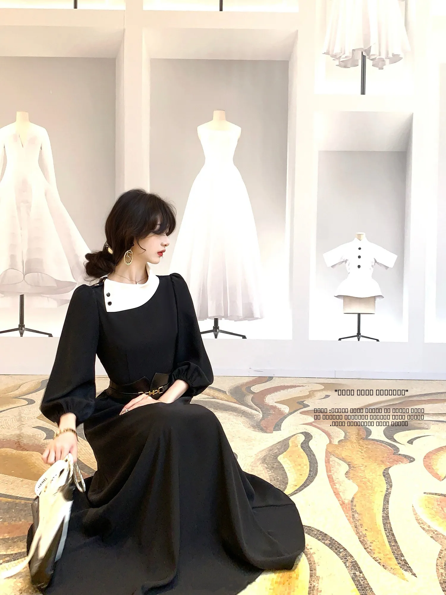 

Ele Bla White Asymmetric Color Blo Collar Dr Women's Autumn Faionable mat Dr DTURNEEES French Sle