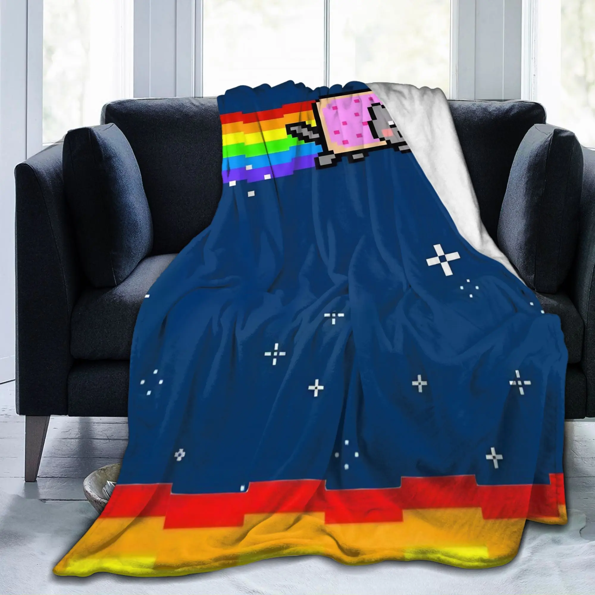 Nyan-Cats Rainbow Funny Game Blanket Velvet Print Internet Meme Multi-function Lightweight Throw Blankets for Couch