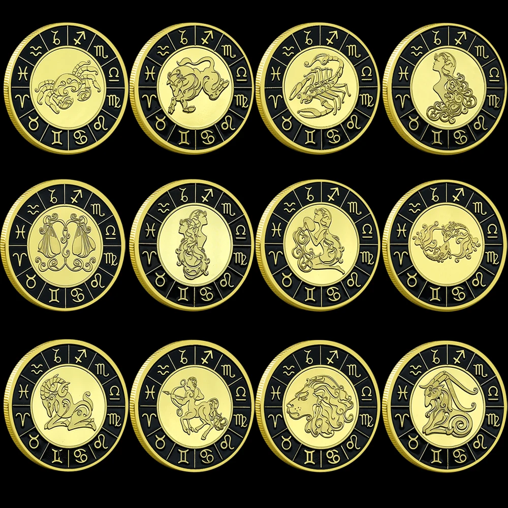 Twelve Constellations Gold Plated Coin with Plastic Case Creative Commemorative Medal Love Lucky Challenge Coin Collect Gift