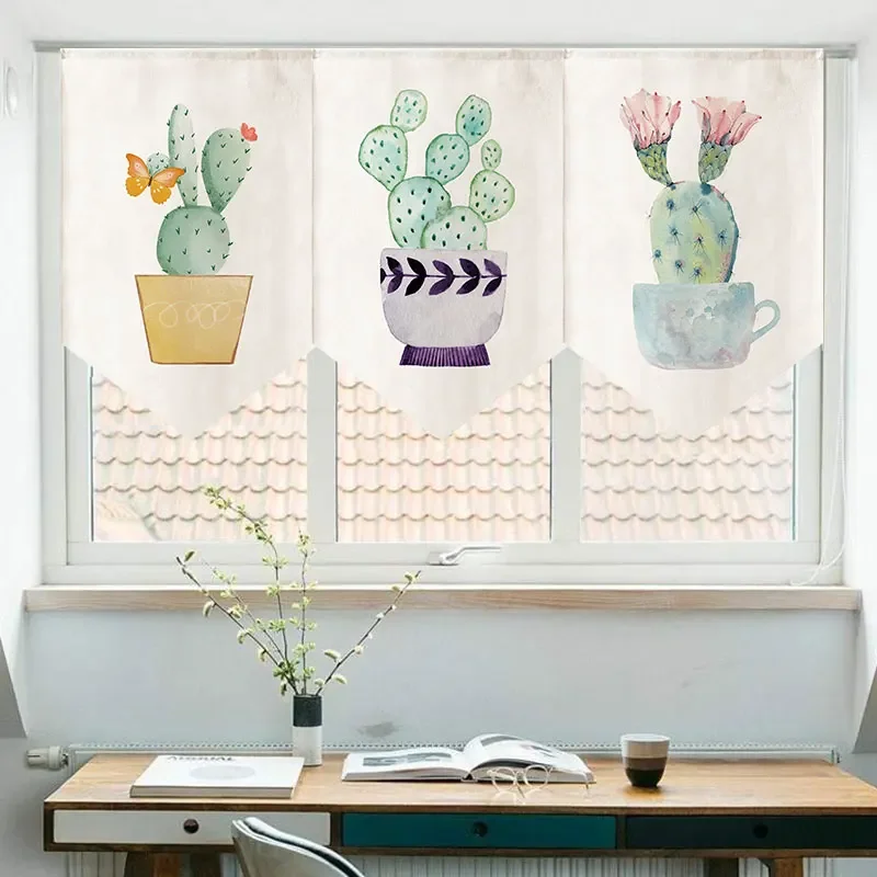 Nordic Cartoon Cactus Succulent Pattern Short Curtain Partition Kitchen Bedroom Door Head Hanging Curtain