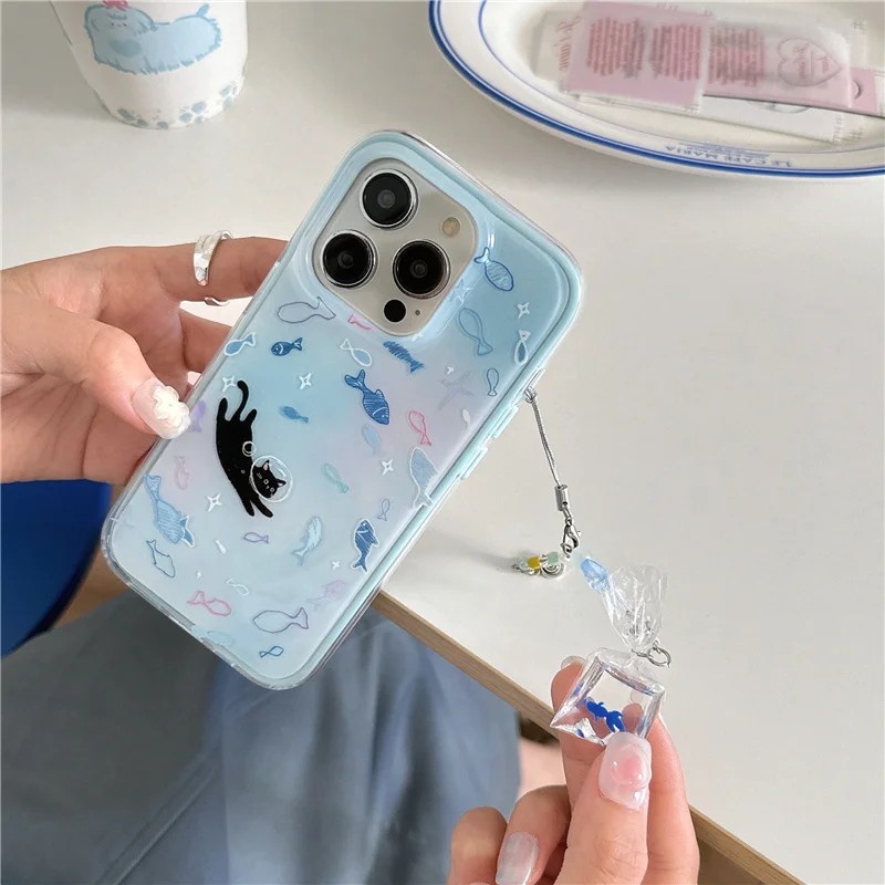 Cute Blue Small Fish Cat Phone Case For iPhone 16 Pro 15 14 Pro