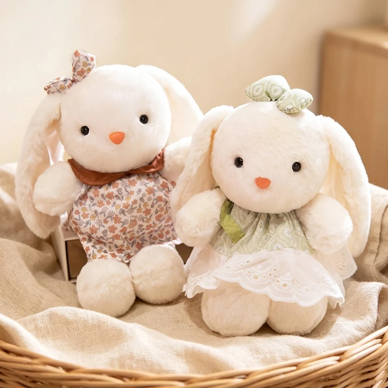 Plush Doll White Rabbit Polka Dot Floral Dress Choices Gathered Waist Soft Bunny Collection Room Gift Floral Outfit Keepsake