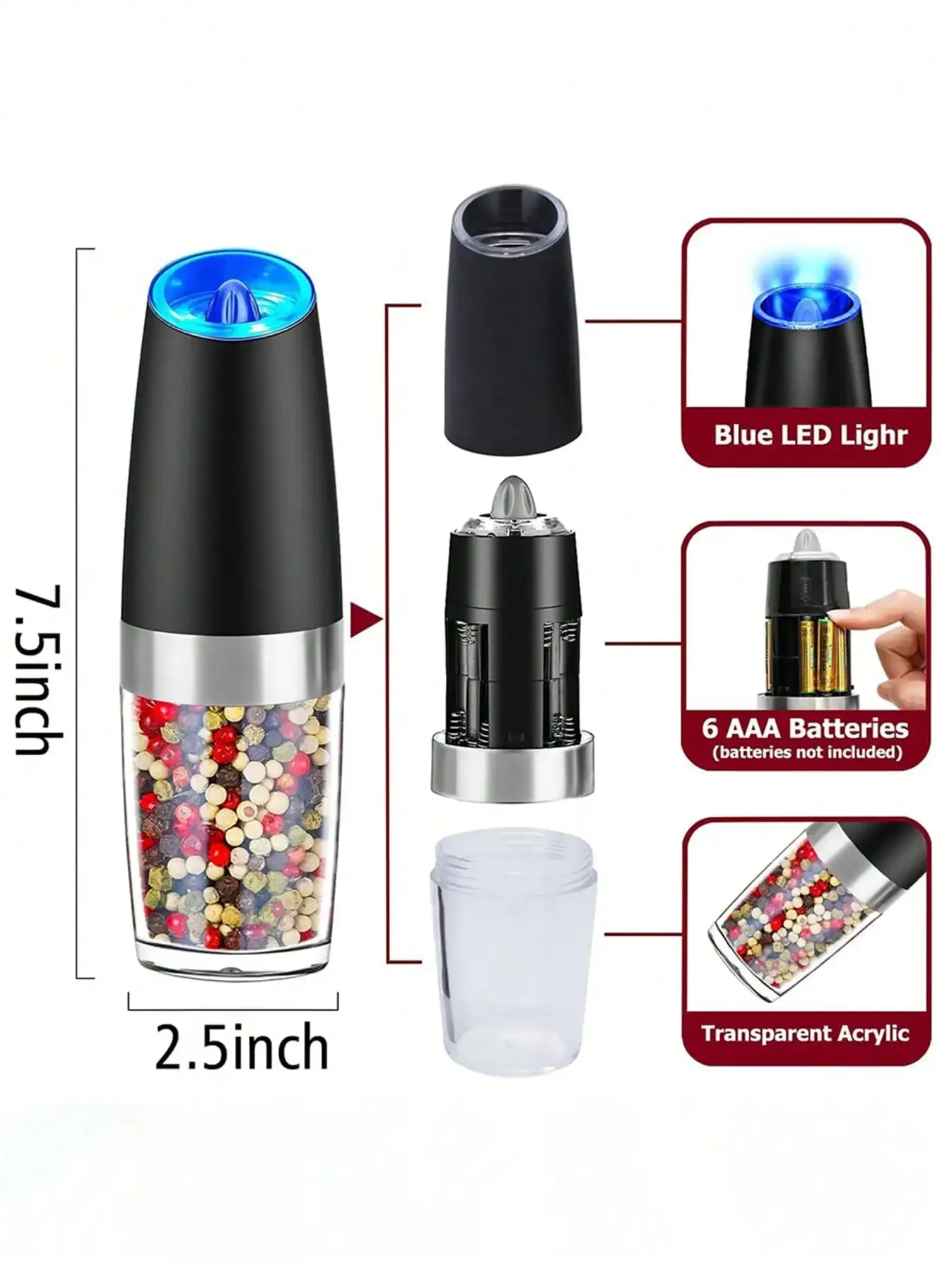 Gravity Electric Salt & Pepper Grinder Set, Battery Operated Automatic Grinder With LED Light, Adjustable Coarseness, One Hand Operation, Kitchen Gadgets, Holiday Gifts