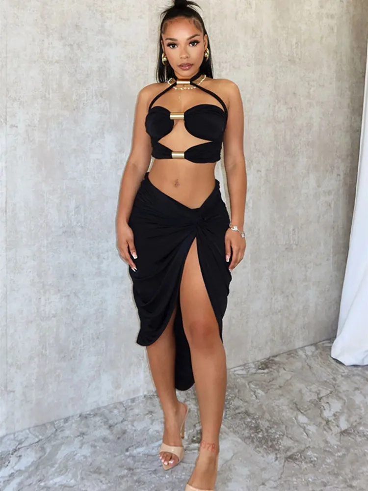 

SKMY Autumn New Slim Sexy Pleated Metal Strap Halter Neck Hollow Out Crop Tops Irregular Skirts Two Piece Sets Women Outfits