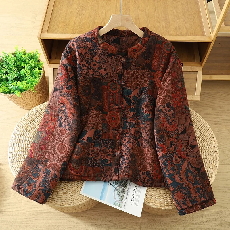 

Retro Print Linen Cotton Jaet Women's Winter Thiened Loose Cotton Coat Mommy Sle Upper Apparel Anti-Aging Faion