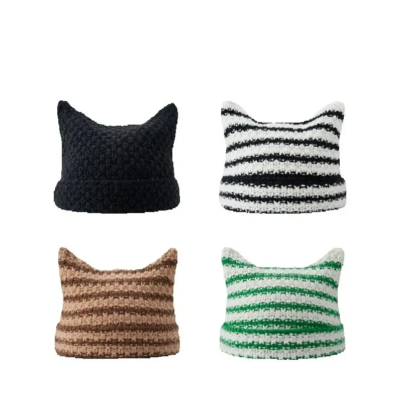 Unisex Cat Ear Stripe Knit Hat Japanese Style Winter Warm Couple Beanie Minimalist Cold Weather Outdoor Fashion Warm Cap