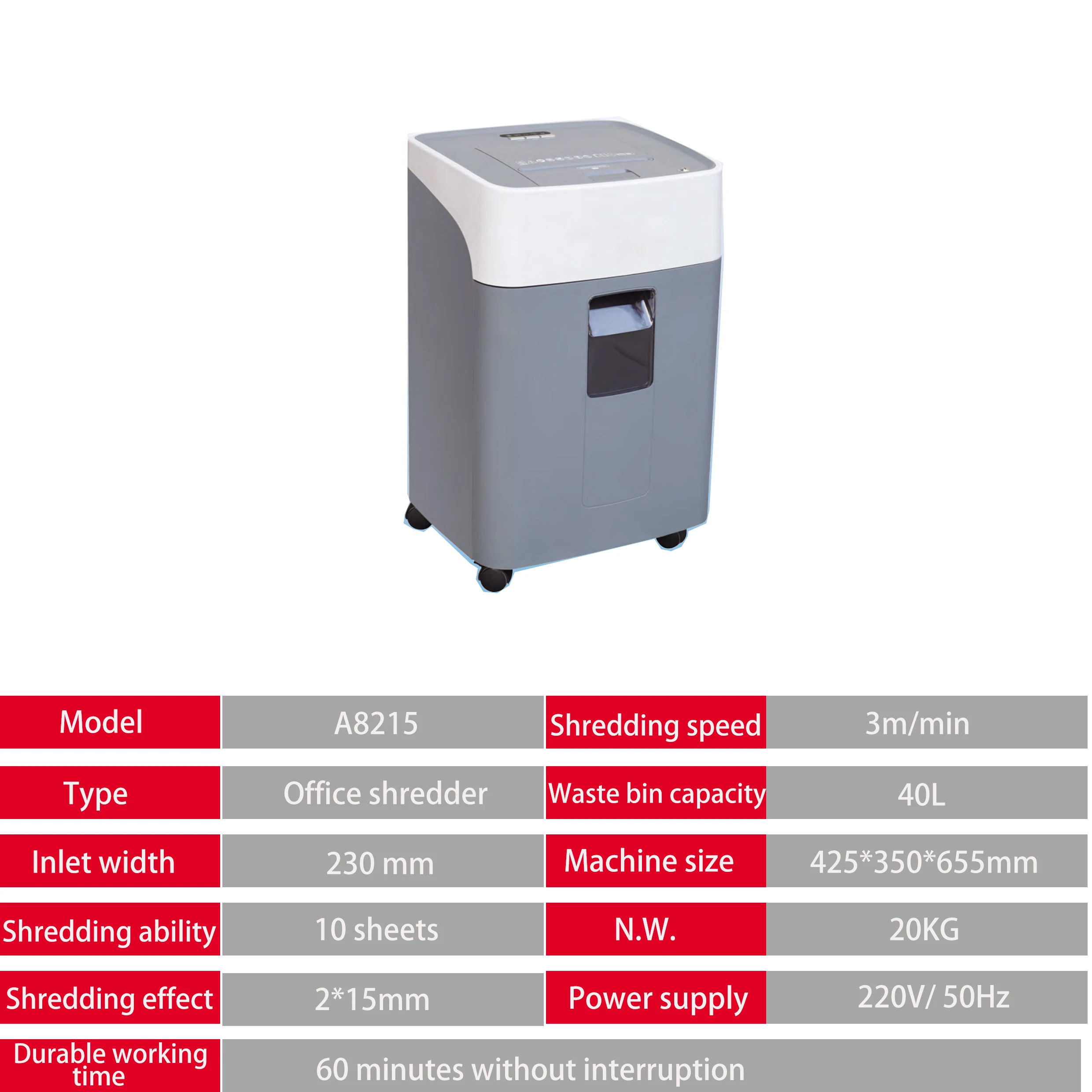 A8215 Office Heavy Duty 230mm/9inch Strip-Cut Paper Shredder High Security 10 Sheets 40L A4 Size Paper Processing Machinery