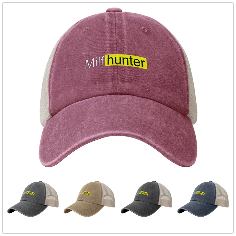 Milf hunter Print Summer Mesh Back Baseball Cap Unisex Low Profile Trucker Hat Vintage Washed Distressed Denim Caps