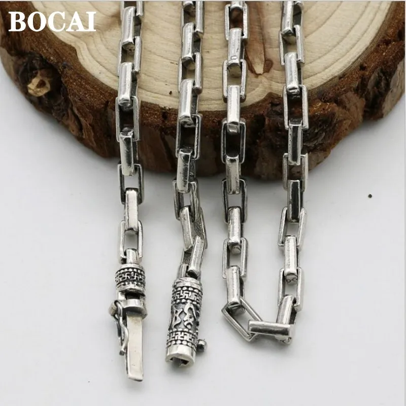 BOCAI Real Solid S925 Silver Jewelry Punk Style Long Paragraph Rough Six-Word Mantra Men's Necklace Box Chain Birthday Gift