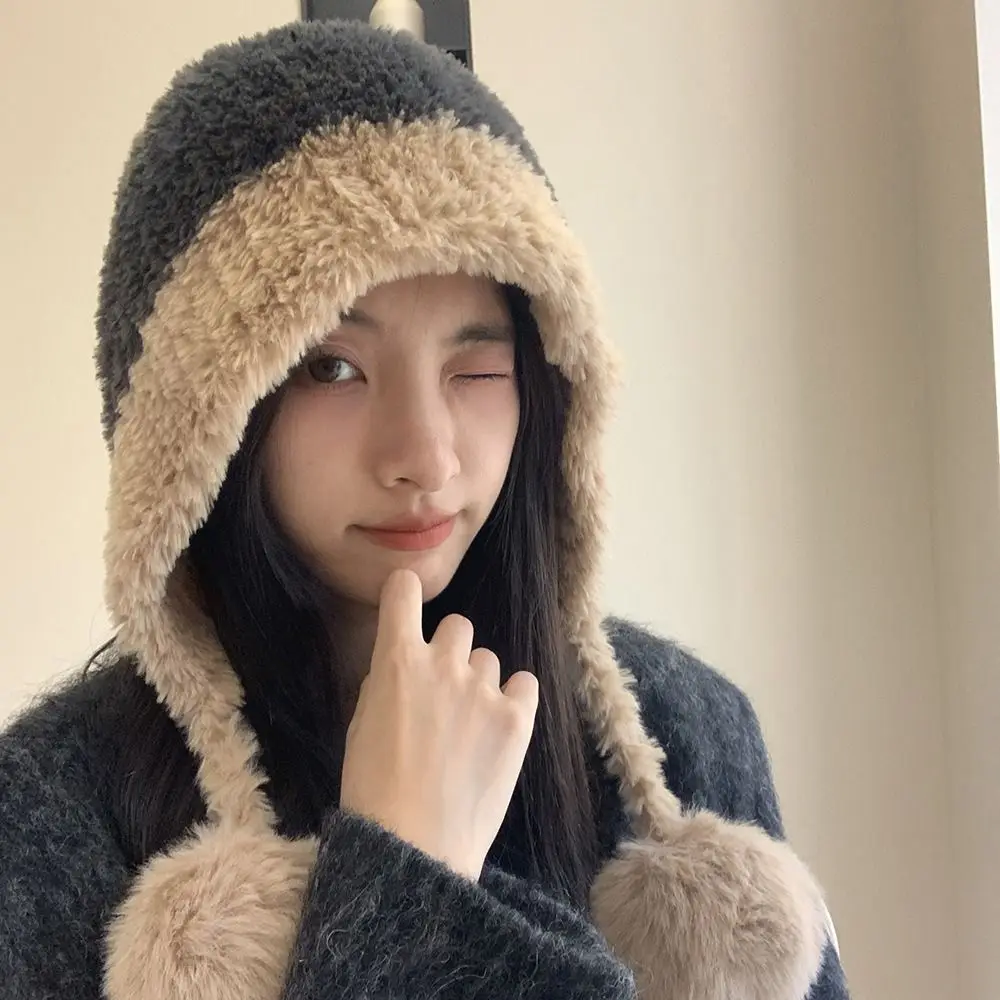 

Big Head Circumference Plush Ear Protection Cap Keep Warm Fluffy Knitted Beanie Cap Splicing color Thicken Woolen Pullover Hat