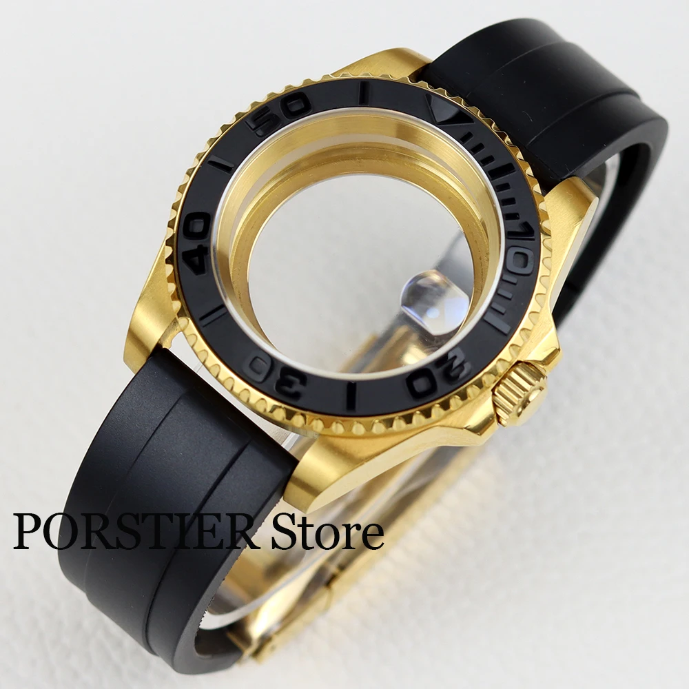 

Gold pvd watch case parts and rubber strap sapphire glass with date set for sub yacht gmt nh34 nh35 nh36 movement 28.5mm dial