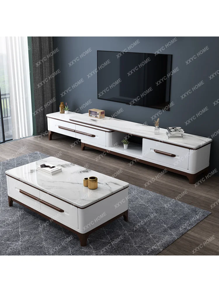 Coffee Table TV Cabinet Combination Modern Light Luxury Simple Living Room Solid Wood Floor Household Square Set Marble