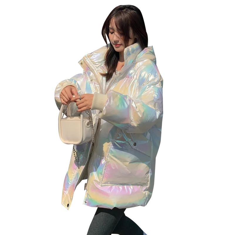 韓国の女性用ゆったりとしたカラフルな綿服、冬のファッション、気品のある新しいコート、光沢のある厚手の綿服