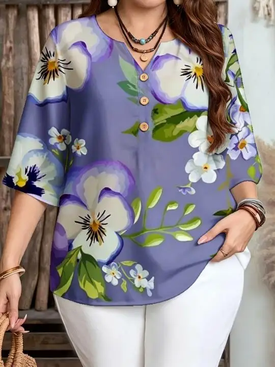 Women Chinese Style Watercolor Bird Floral Abstract All‑Over Print Blouse For Curvy Figures Notched Neck 3/4 Sleeve Loose Tops