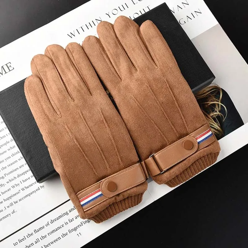 Fashion Men\'s Suede Leather buckle Plus Velvet Warm Gloves Winter Outdoor Thicken Skiing Sports Full Finger Cycling Mittens