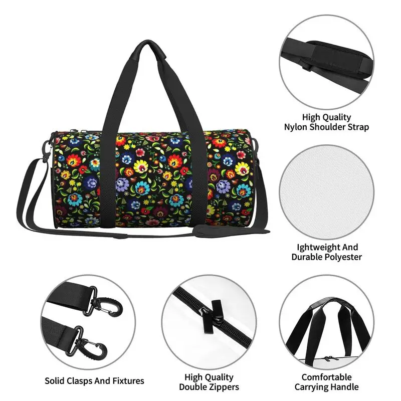 Polen polnische Blumen Volkskunst Blume Reisetasche Weekender Nacht taschen wasserdichte Gepäck tasche für Reises port Gym Yoga