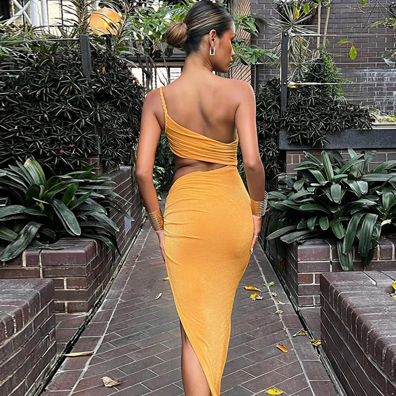 Damski 2024 Summer Ins Sexy Style Hollow Out Side Bra One Shoulder Backless Irregular Slit Cutout Maxi Dress Party BeachHoliday