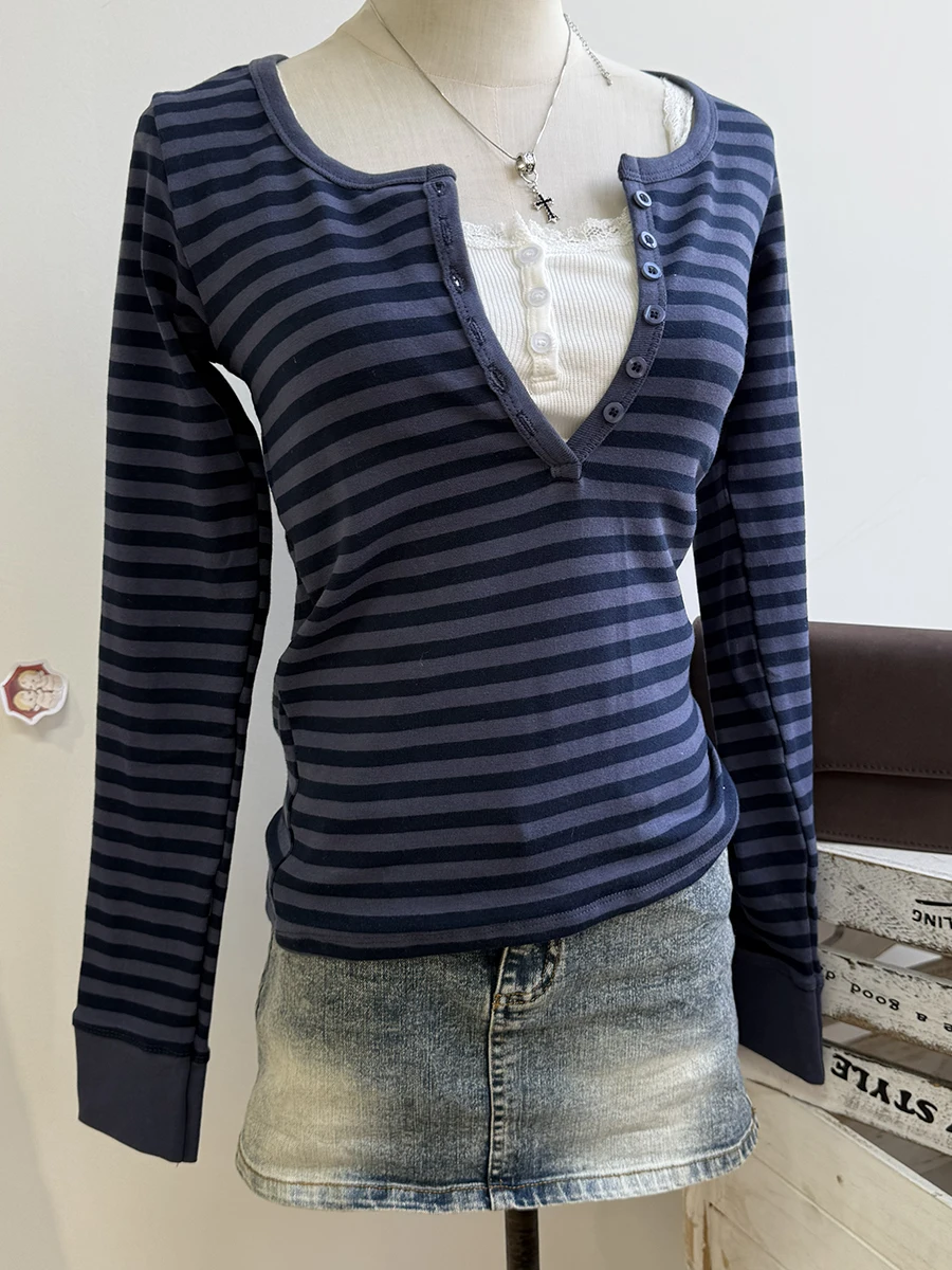 Navy Striped Buttons Long Sleeve Tees Women Casual Chic Cotton T-shirt Cute Preppy Style Slim Tshirt Zelly Tops