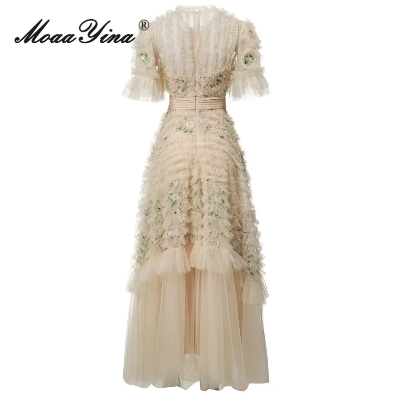 MoaaYina Vestido feminino retrô bordado estampado em camadas de malha plissada gola redonda manga curta S-4XL