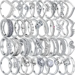 Espumante Wishbone Anéis com Linhas Polidas, Pavé Coração Radiante, Onda Assimétrica, 100% 925 Sterling Silver, Jóias de Luxo, Venda Quente