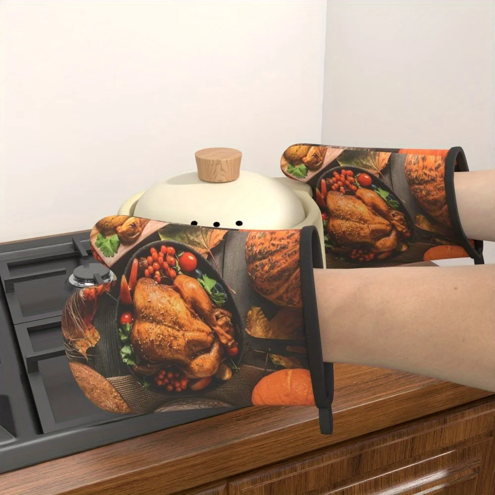 2pcs Thanksgiving Oven Mitts Heat Resistant Extra Large Kitchen Gloves with Thanksgiving Turkey Roasted Vegetables Design