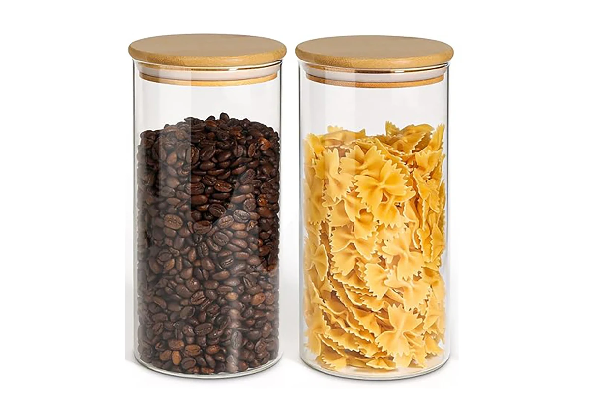 Transparent sealed glass storage tank with bamboo lid for noodles flour grain rice sugar tea coffee beans, round 2-piece set