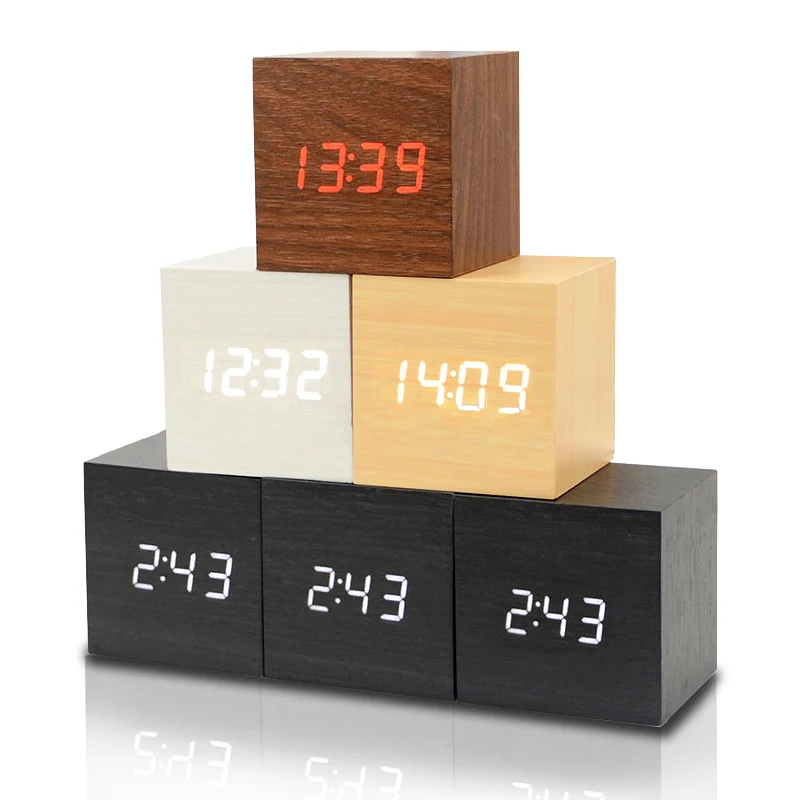 Wooden Digital Clock Multi-function LED Alarm Clock with Time/ Date/ Temperature Display and Voice Control for Home Office Trave