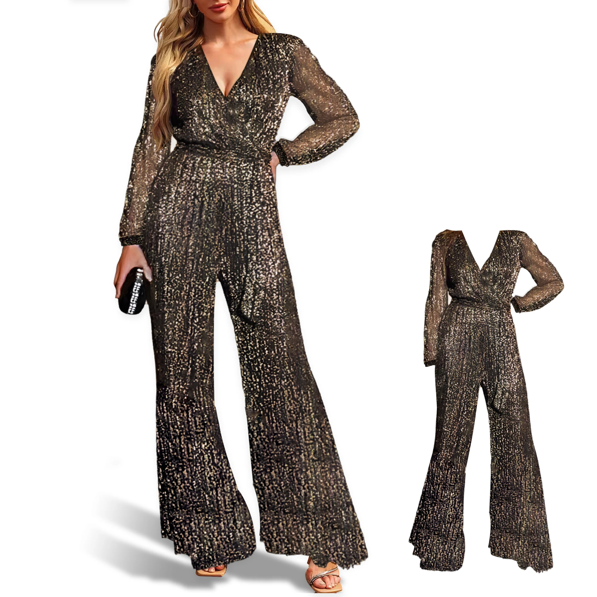 

Ladies' shiny jumpsuit, sexy long-sleeved, cocktail party, elegant V-neck, slim straight pants, jumpsuit (with pockets)
