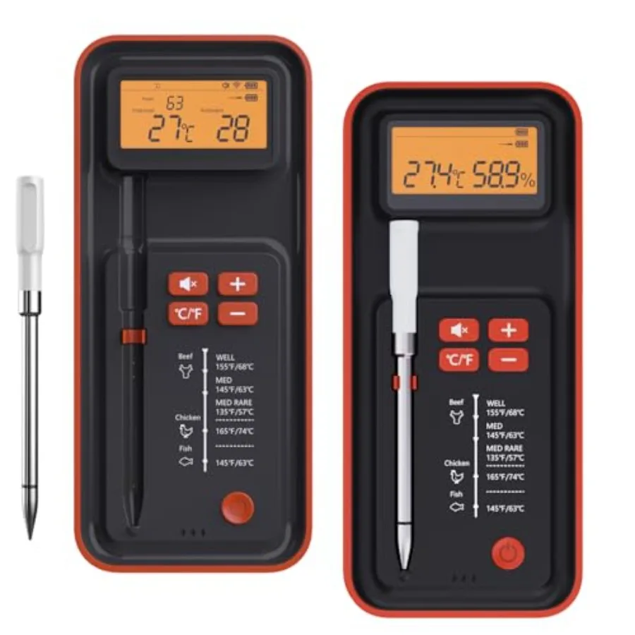 

Беспроводной термометр для мяса с ИИ, комплект из 2 штук, Bluetooth, цифровой, умный, для гриля, коптильни, духовки, кухни, готовки, радиус действия 500 футов