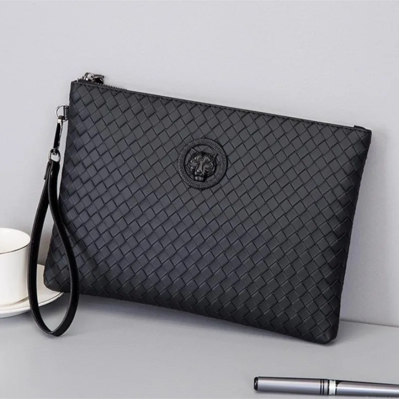 Men's woven handbag Large capacity envelope bag Soft leather trendy business men's bag