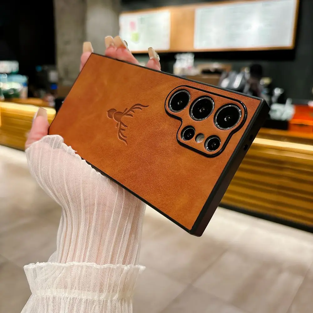 Lambskin Leather Deer Head Case For Samsung Galaxy S26 S25 Ultra S26 S24 S23 S22 S21 Ultra Plus FE A55 A53 A52 A36 Retro Cover