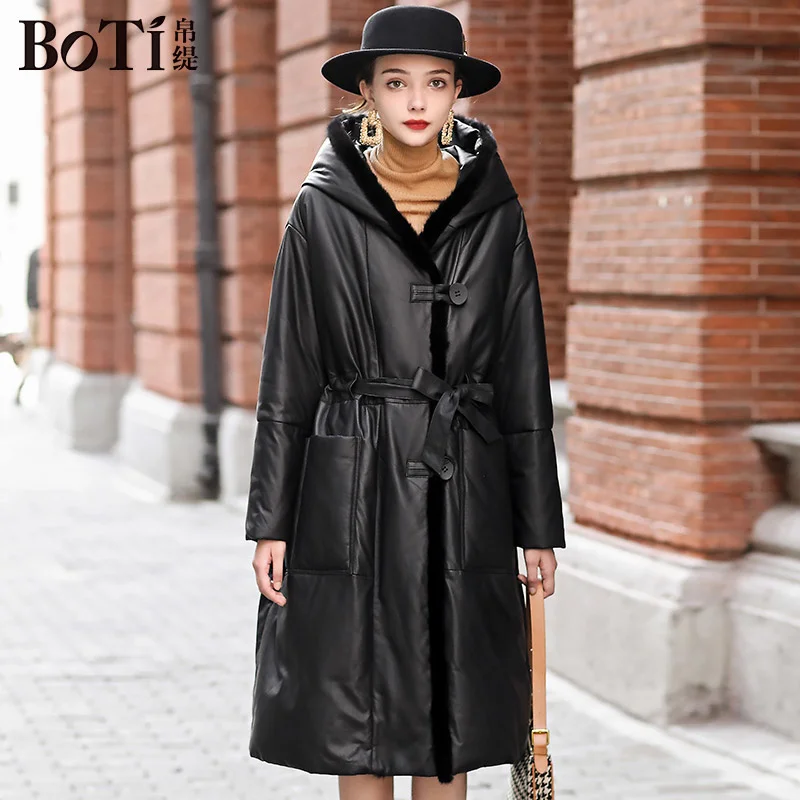 2023 Large Bati European Genuine Leather Down Coat Women's Mid Length Sheepskin Hooded Mink Coat