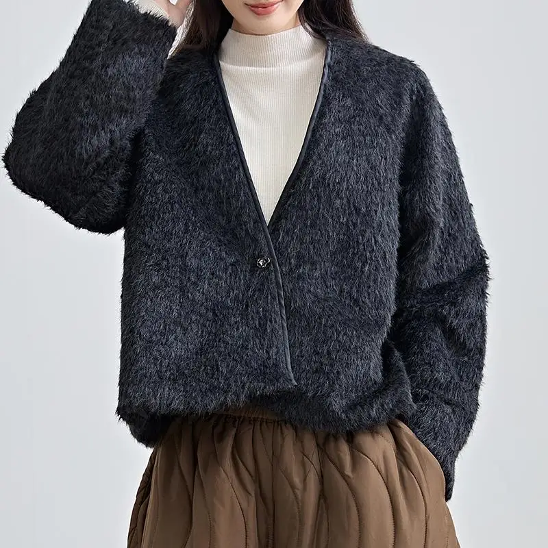 

Elegant Fur Knitted Cardigan Women Clothing Autumn Short Chic Coat French Loose Casual V-neck Sweater Jackets for Women Tops