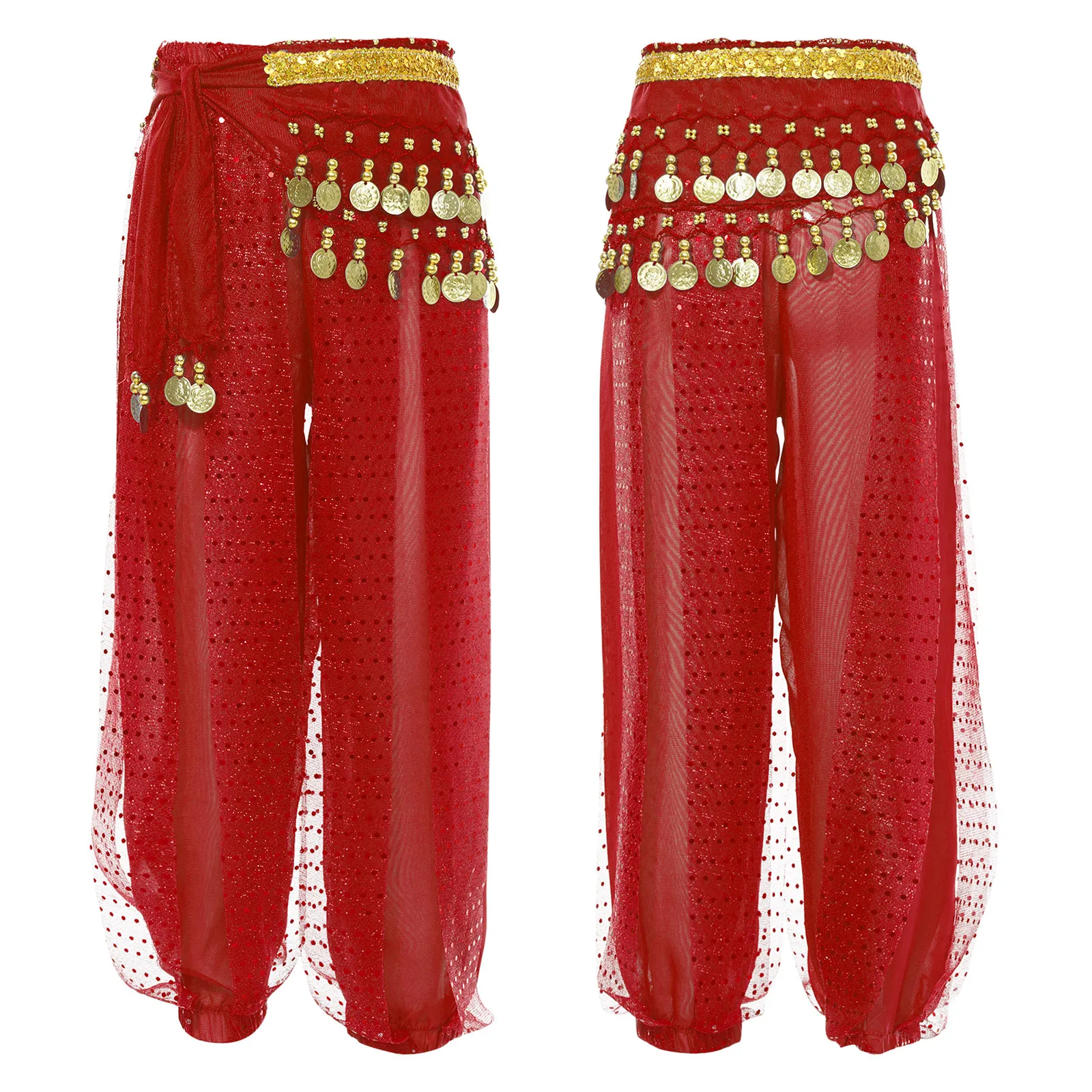Kinderen Meisjes Buikdans Harembroek Tribal Arabische Broek Pailletten Mesh Chiffon Dansbloeiers met Hippe Sjaal Buikdansoutfits