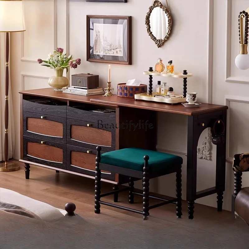 

French retro solid wood dresser retractable makeup table