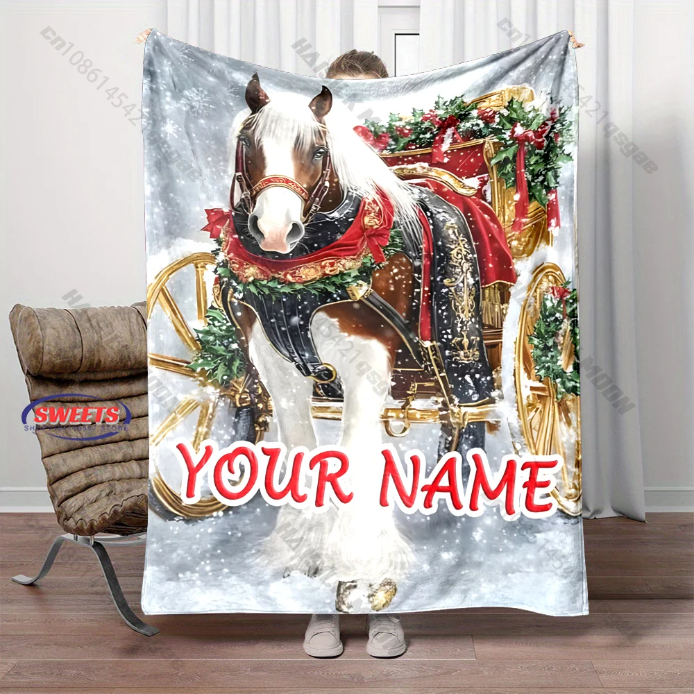Custom Name Christmas Draft Horse Blanket Vintage Clydesdale Horse Sleigh Snow Scene Flannel Blanket Farmhouse Xmas Decor,Gift