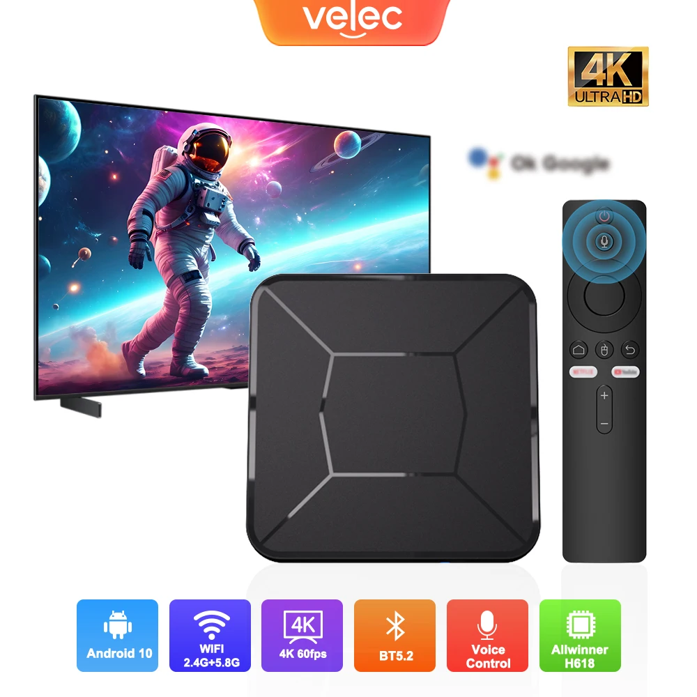 

Velec Smart Android TV Box 4K HDR Allwinner Ik316 Dual WIFI 2.4&5G BT Voice for Google YouTube Netflix Network Media Player