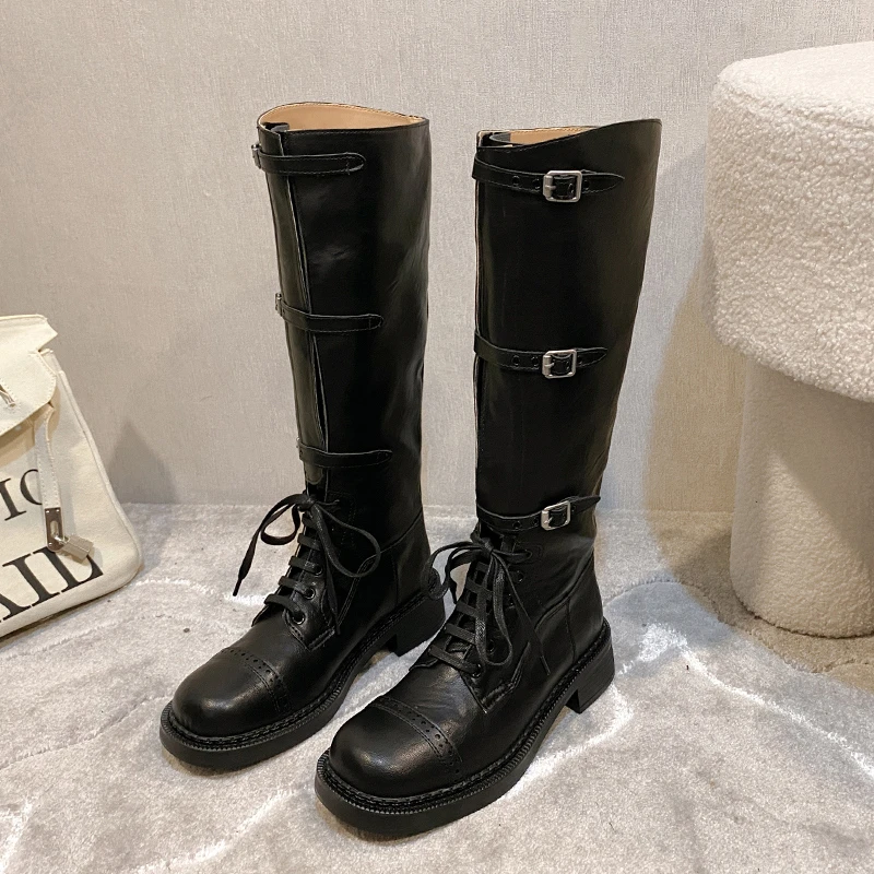 2024 Women Fashion Buckle Strap Knight Boots Autumn Winter Platform Knee High Boots Women Vintage PU Leather Long