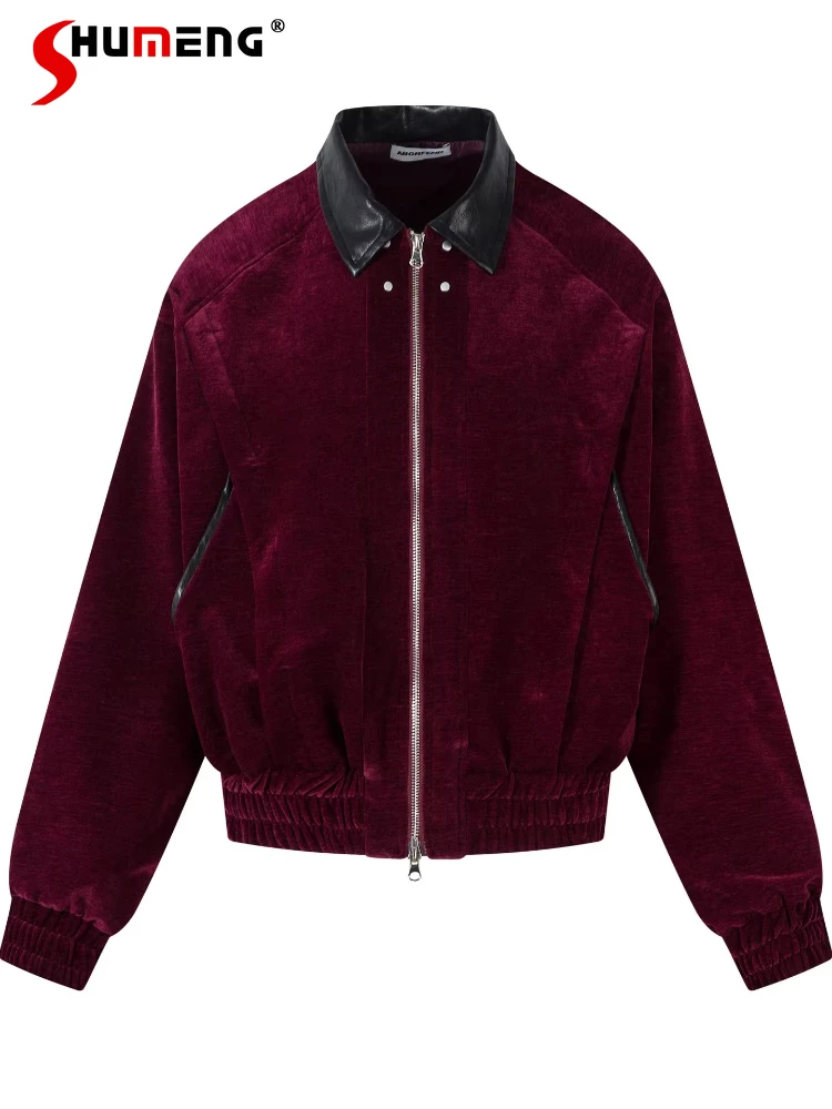 

Men's 2026 Spring Autumn New Fashion Lapel Jackets Faux Leather Collar Splicing Loose Comfort Jackets Men's Color Matching Coats