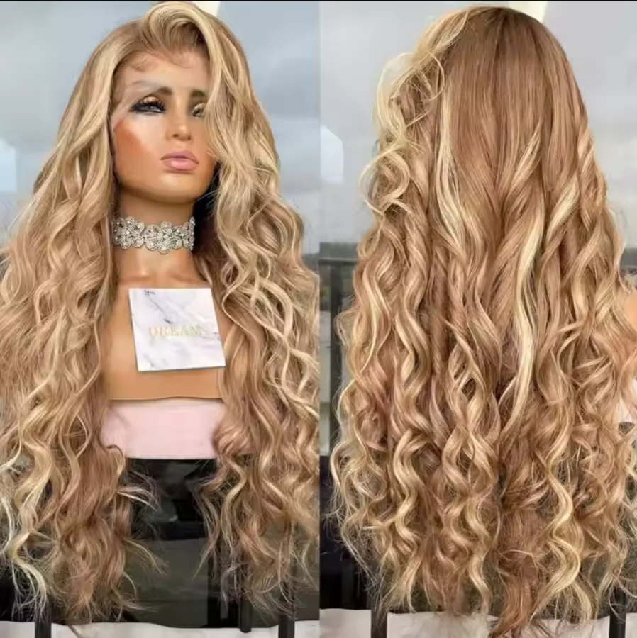 Parrucca in pizzo 13 × 4 Onda lunga del corpo Glueless Marrone scuro Mix Bionda Evidenzia Parrucca Parte libera Parrucca setosa Parrucca naturale di alta qualità