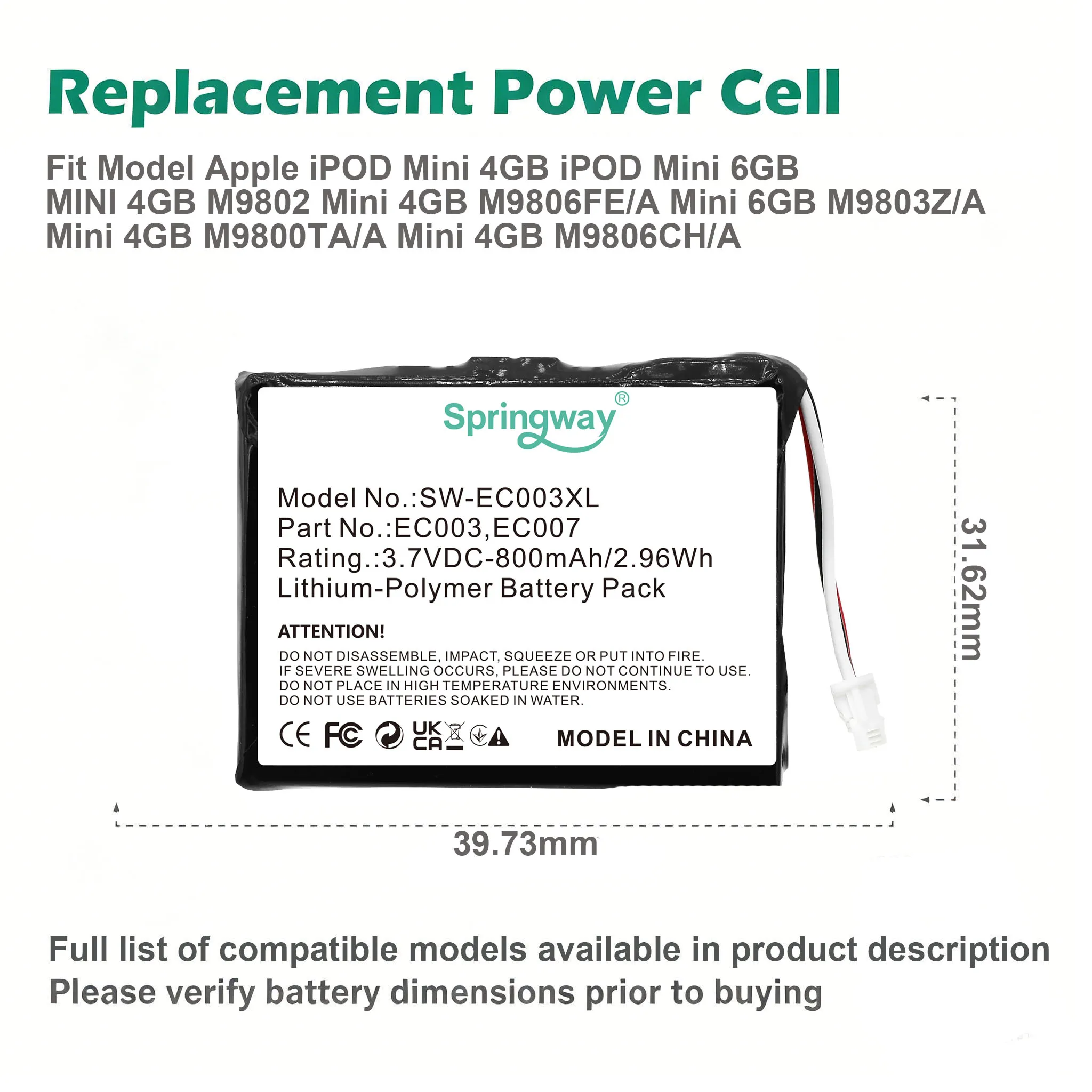 EC003 EC007 800mAh Battery For iPod Mini M9804 M9801 M9802 M9806 W065 M9807 A1051 M9805 4GB MP3/4 1st 2nd Gen