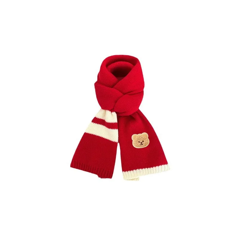 Sciarpa per bambini per l'inverno, carina e versatile con orsetto, filato lavorato a maglia rosso di Capodanno, scaldacollo natalizio per bambini