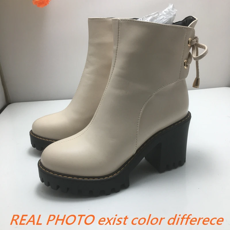 REAVE CAT Classic Women Ankle Boots Round Toe Chunky Heels 8cm Platform 2.5cm Lace Up 42 43 Leisure Daily Bota