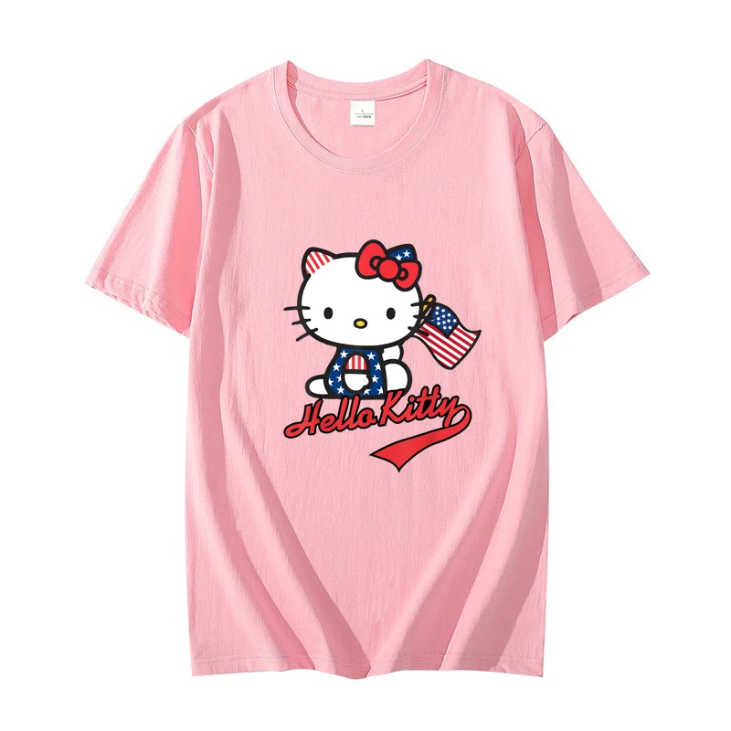 Hello Kitty USA national flag Men T-shirt Summer Short Sleeve Women Tee Shirts 100% Cotton 2025 New Fashion Couple Clothes Tops