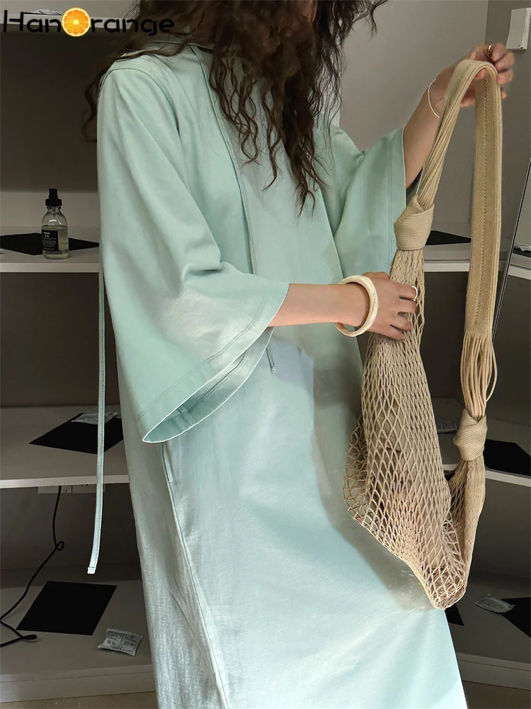 HanOrange 2025 zomer minimalistische ontspannen H-vormige T-shirtjurk effen kleur losse 100% katoenen jurk zwart/mintgroen