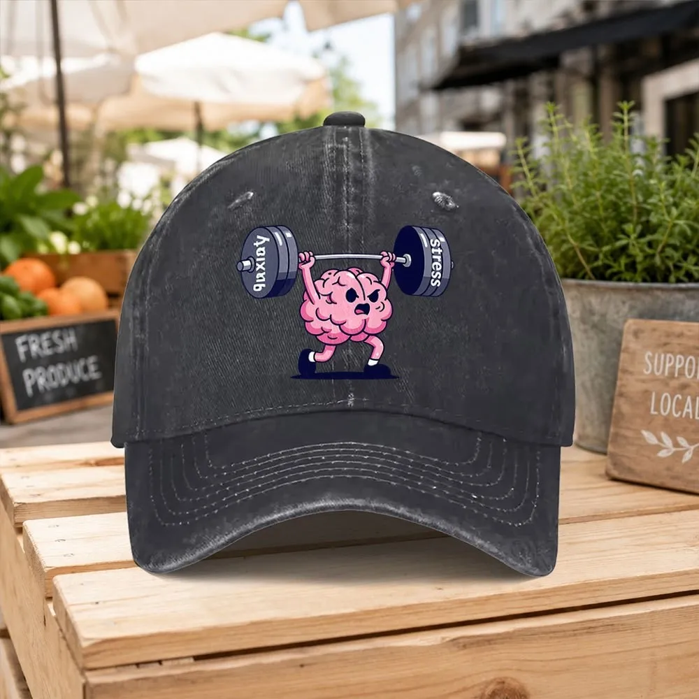 Brain Weightlifting Graphic Washed Baseball Cap Unisex Casual Street Style Outdoor Fitness Hat