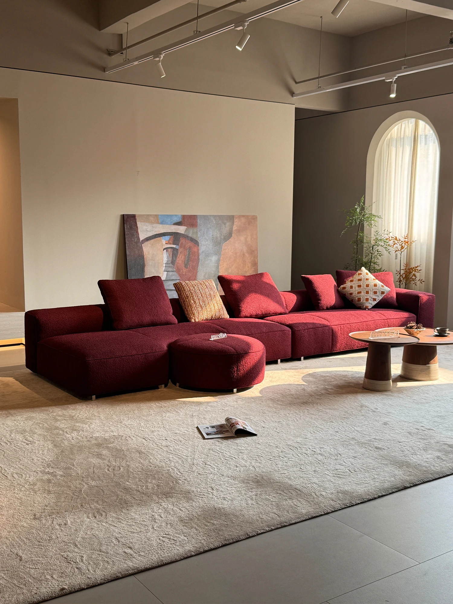 Burgundy Boucle Modular Sectional Sofa With Chaise Round Ottoman Pillow Backrest Metal Legs Deep Seat For Living Room Villa Home