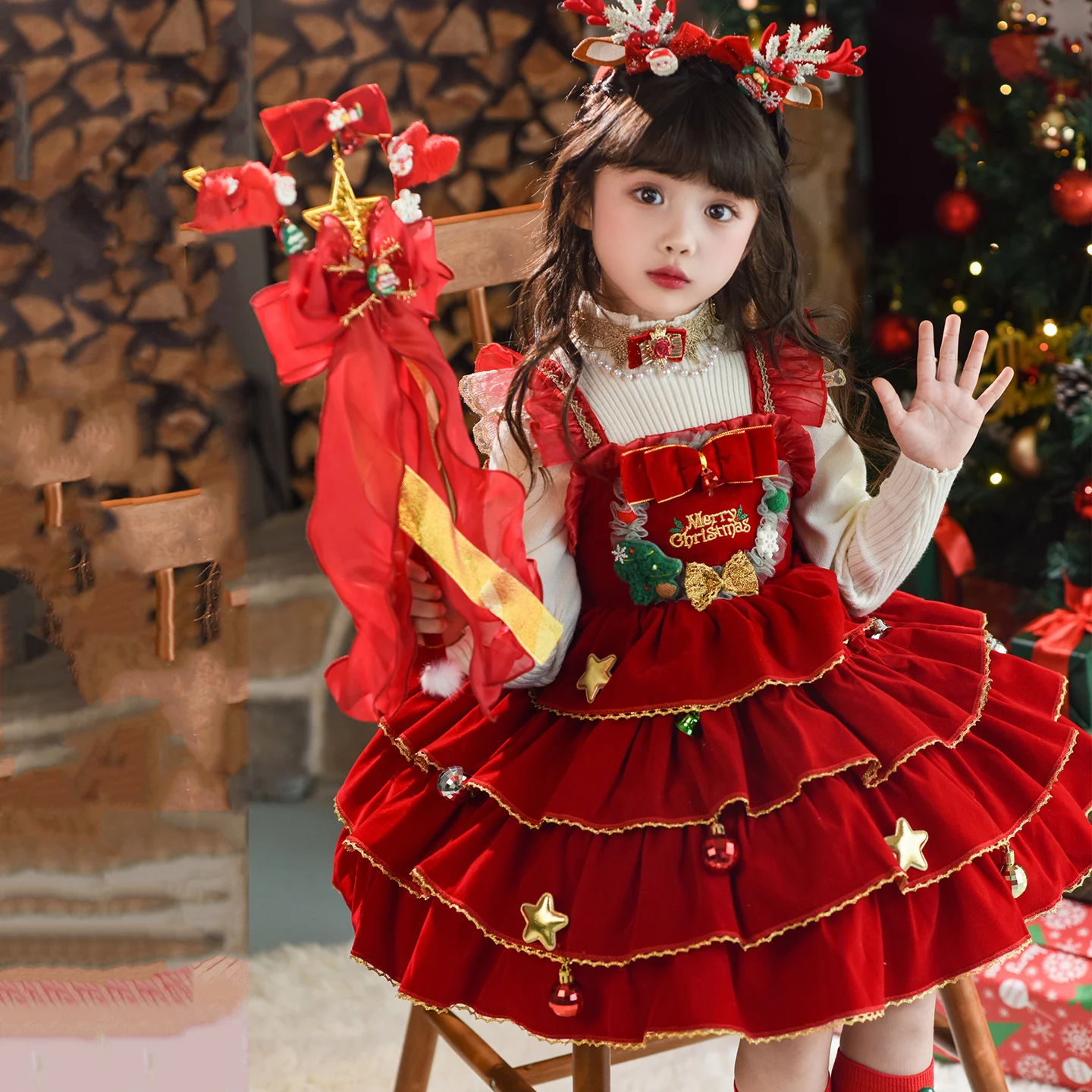 

Christmas Girls Lolita Dress Vintage Lace Party Dress for Kids Red Ruffled Tutu Skirt Princess Costume Outfit for Birthday 2-9Y