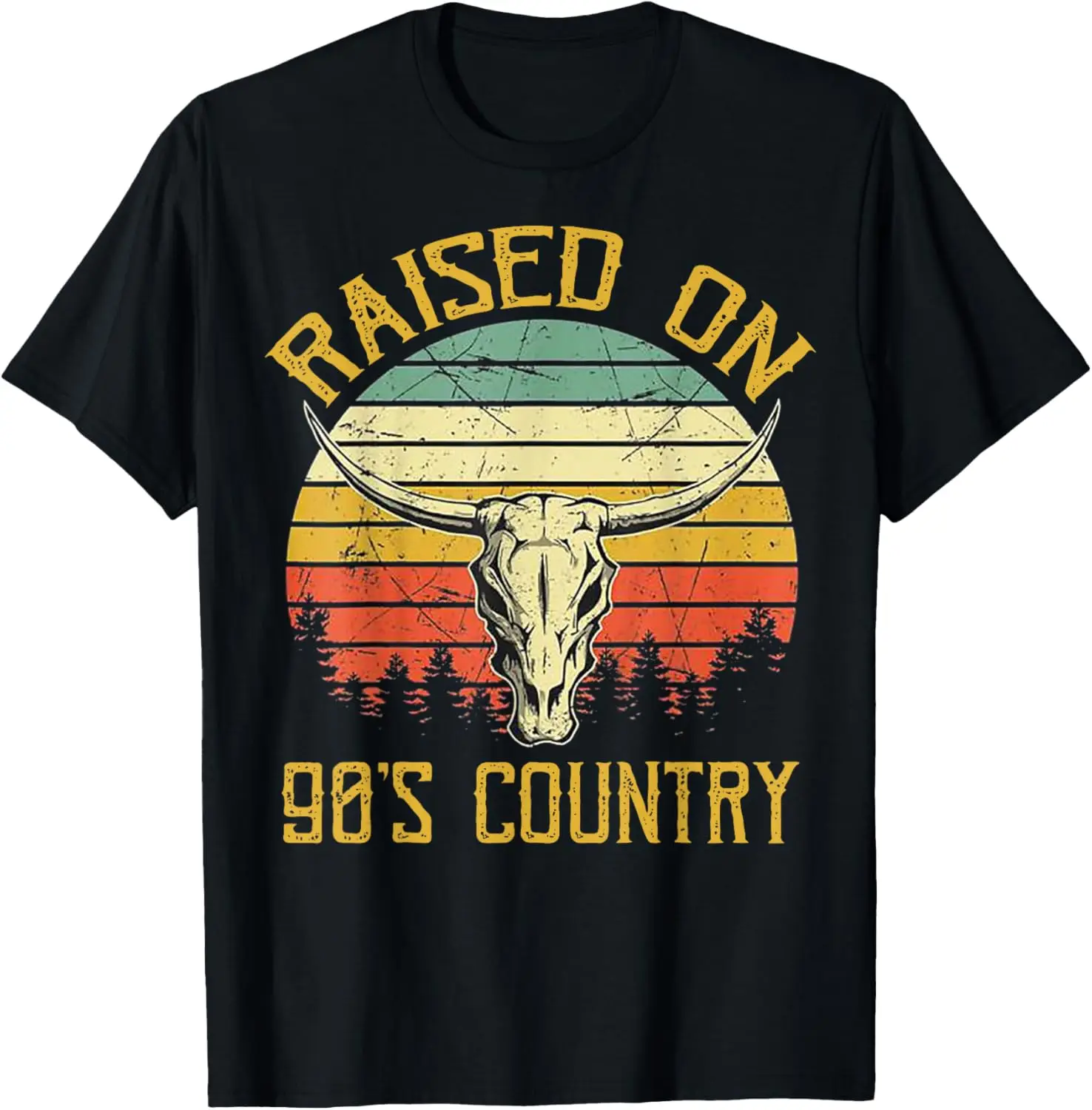 Vintage Western Bull Skull Raised On 90's Country Music T-Shirt